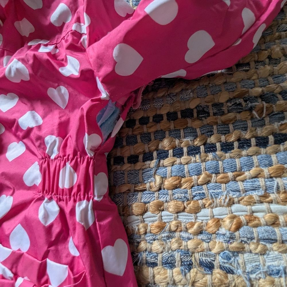 Pink Platinum Heart Print Hooded Raincoat Jacket 4 Pink White Bow Pockets Cozy L - Picture 3 of 10